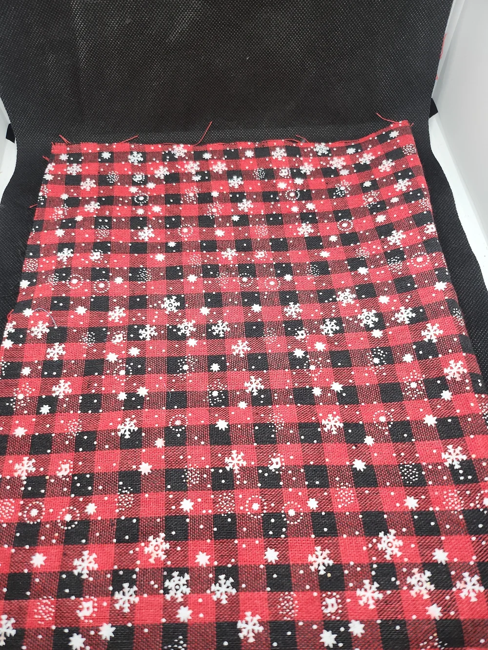 Red and Black Buffalo Plaid Fabric Panel with White Snowflake Print 10x15